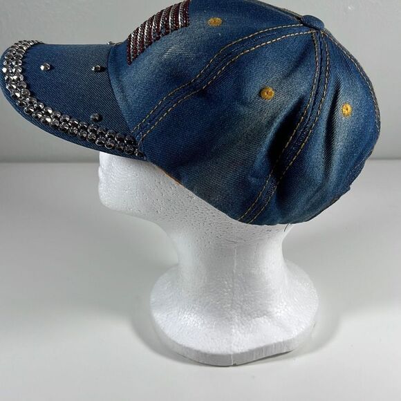 Women's American Flag Baseball Cap Rhinestone Denim Bling Patriotic Hat Blue Red - Picture 3 of 7